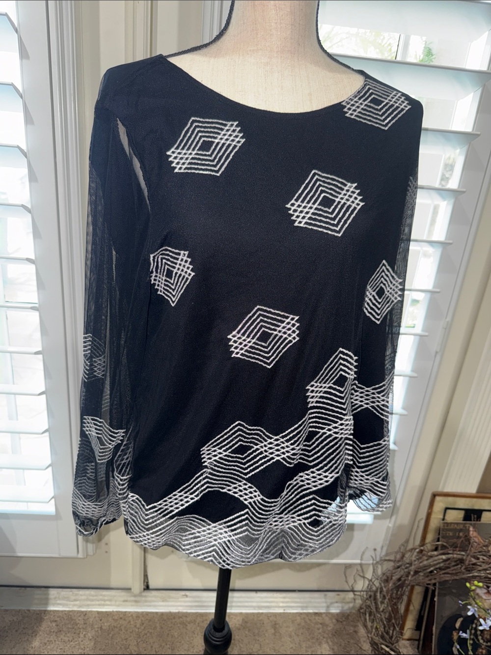 Alfani Black Blouse with White Geometric Embroidery